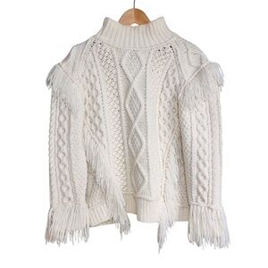 Coach Fringe Wool Turtleneck Sweater Cream Womens Size Medium